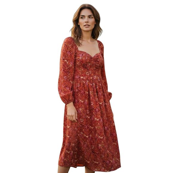 BOG Collective Size L Prairie Maxi Dress Orange Rust Floral Utah Mom Boho Modest - Picture 2 of 12